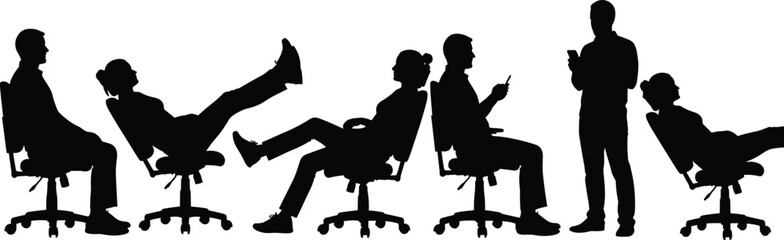 WebOffice workers silhouette relaxing on chairs, workplace behavior productivity break and modern office lifestyle concept isolated on white background black vector illustration