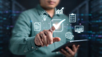 Businessman engaging with a digital interface to analyze data and develop strategy, representing innovation and productivity in a modern work environment.