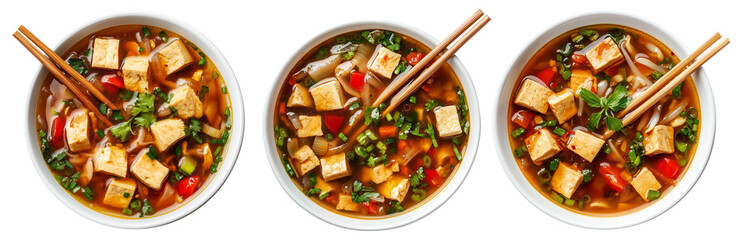 Overhead view of hot and sour tofu soup with vegetables in wooden bowl, isolated on white transparent background