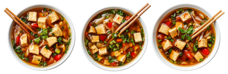 Overhead view of hot and sour tofu soup with vegetables in wooden bowl, isolated on white transparent background