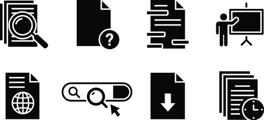 Document management icon set showing search, analysis, download, presentation, online files, information workflow, business data processing, digital documentation concept © Tohidul