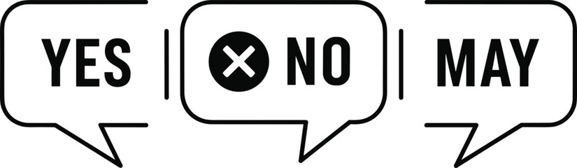 Obraz premium PrintThree speech bubbles with yes no and maybe options representing choice decision making communication and uncertainty in a minimalist design (20 words)