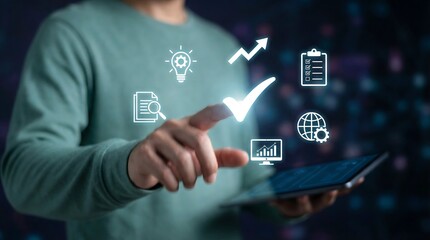 Fototapeta premium Businessman engaging with cutting-edge technology and data analysis tools, symbolizing innovation and growth in a professional setting.