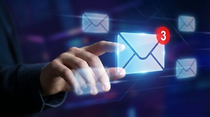 Businessman engages with futuristic email interface featuring glowing icons and notifications, symbolizing modern digital communication and connectivity in a professional setting.