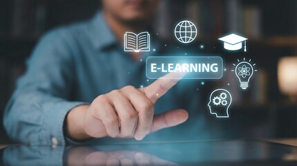 Man engaging with interactive e-learning interface on a digital screen, representing modern online education and skill development.