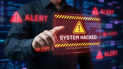 A man points at a system hacked warning sign with a serious expression, set against a background of alert messages and code, conveying a sense of urgency and concern over a critical security
