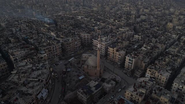 Drone shot of Aleppo showing a destroyed mosque in the Sheikh Maqsoud area.  