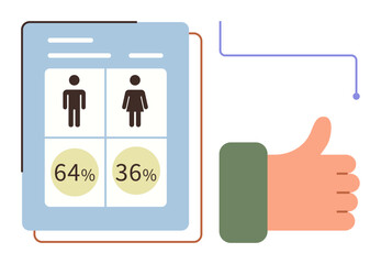 Data research, demographics, social trends, gender analysis, approval metrics, presentation design. Gender statistics chart with male and female percentages, and a thumbs-up icon. Gender analysis