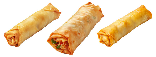 Crispy golden spring rolls with flaky texture shown isolated on white transparent background, Asian snack concept