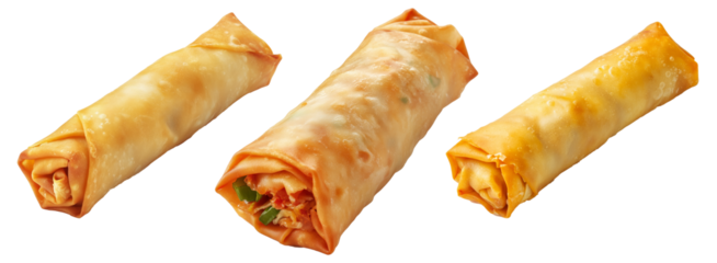 Crispy golden spring rolls with flaky texture shown isolated on white transparent background, Asian snack concept