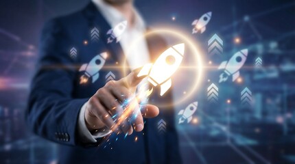 A businessman in a suit launches a glowing rocket, symbolizing startup success and growth, innovation and progress in a futuristic setting.