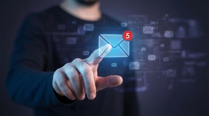 Man interacts with a glowing email icon on a digital interface, representing modern communication and online workflow