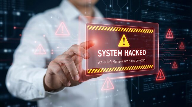 A warning sign indicating a system has been hacked with a businessman in the background, conveying a sense of threat and cybersecurity risk. - Powered by Adobe