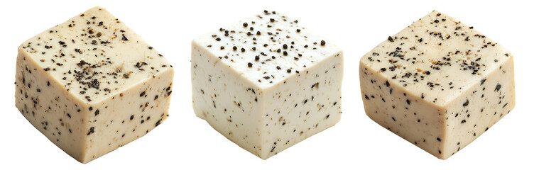 Cubes of seasoned tofu with visible herbs and spices, arranged in stack isolated on white transparent background