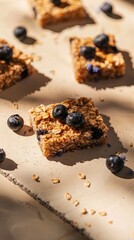 Baked Oatmeal Squares with Blueberries Cornflowers Beige Background