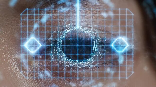 Close-up of human eye with futuristic blue circuit design
