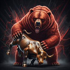 Powerful illustration of a bear market, with a huge brown bear crushing a cracking bronze bull. Concept of financial crisis and struggle.