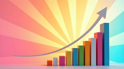 Colorful Vertical Bar Graph with Increasing Heights and Curved Upward Arrow on Radiant Pastel Background, Representing Growth, Progress, and Success in Business, Finance, or Performance Metrics Visual