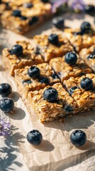 Baked Oatmeal Squares with Blueberries Cornflowers Beige Background