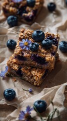 Baked Oatmeal Squares with Blueberries Cornflowers Beige Background