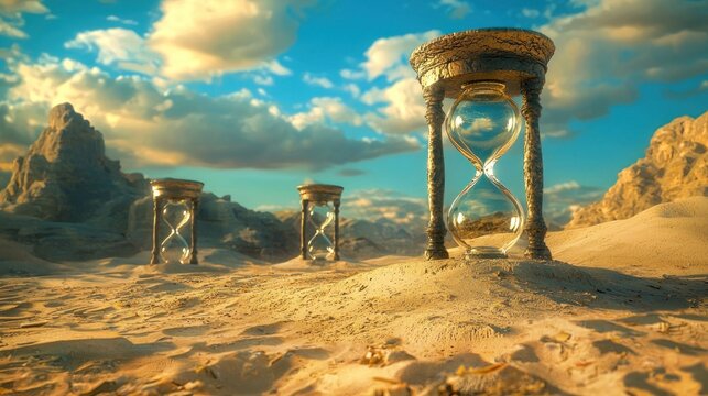 A surreal desert landscape featuring multiple giant hourglasses under a vast sky, symbolizing the passage of time.