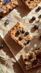 Baked Oatmeal Squares with Blueberries Cornflowers Beige Background