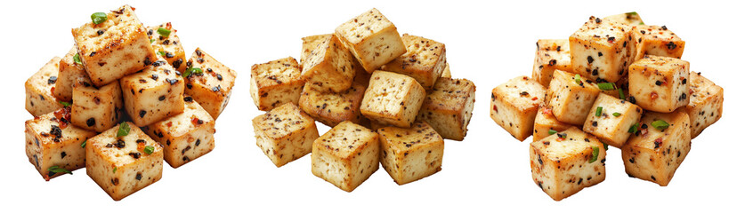 Close-up of spicy marinated tofu cubes with herbs and spices, isolated on white transparent background