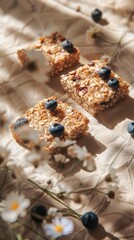 Baked Oatmeal Squares with Blueberries Cornflowers Beige Background
