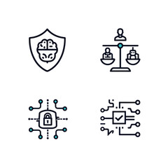 Artificial Intelligence Ethics and Security Concept Line Art Icons.
