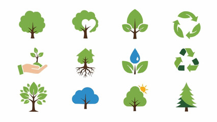 Collection of stylized green tree icons and recycling symbols.