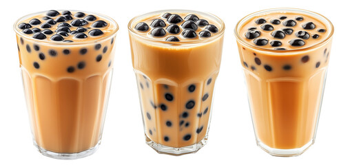 Creamy bubble milk tea with tapioca pearls in glass cup, isolated on white transparent background