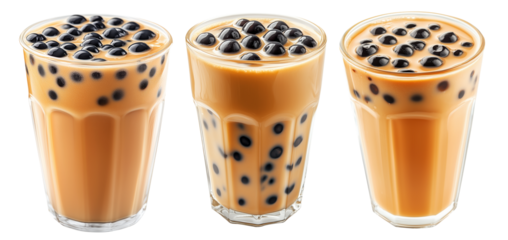 Creamy bubble milk tea with tapioca pearls in glass cup, isolated on white transparent background