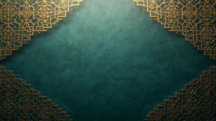 Luxury gold Islamic geometric pattern on teal green background with copy space