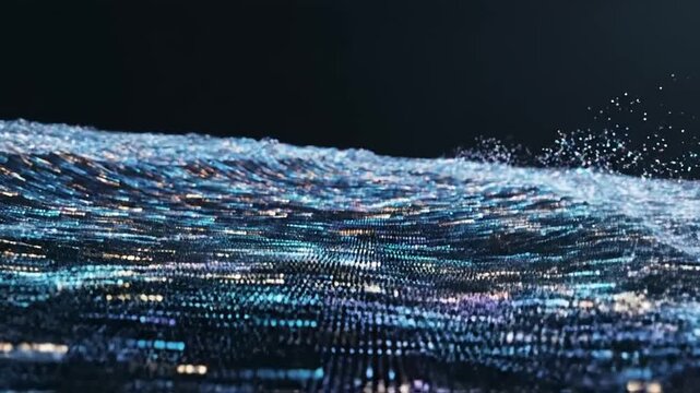 Abstract flowing blue particle wave with bokeh effect on dark background
