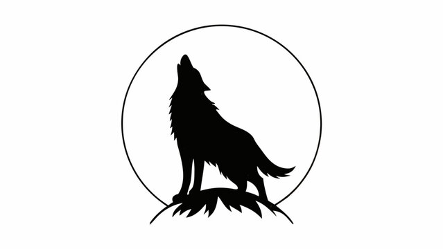 A lone wolf standing on rocky outcrop howling at full moon in circular frame illustration