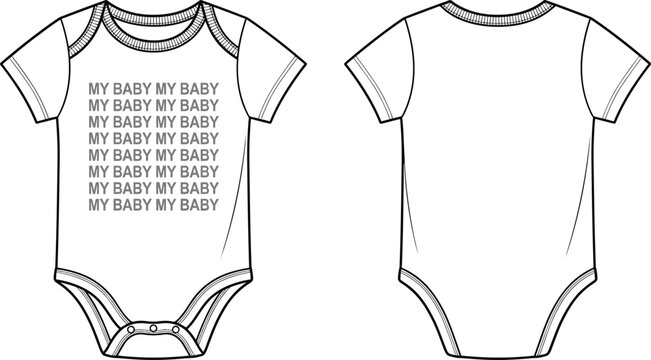 Flat vector illustration of baby onesie front and back view with bold MY BABY text design for infant fashion mockup