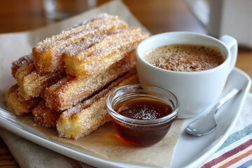 Delicious Golden Churros Served with Rich Chocolate Sauce and Sweet Syrup on a White Plate, Perfect for Dessert Lovers and Snack Enthusiasts