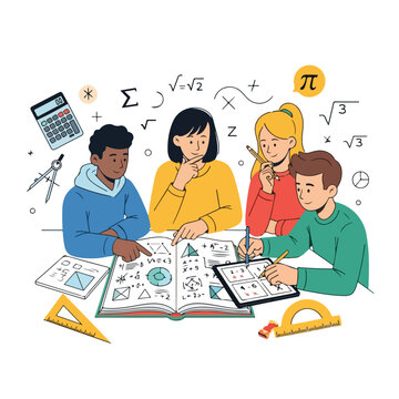 A diverse group of students studying mathematics together