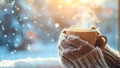 Warm hands holding a cup of hot beverage in winter