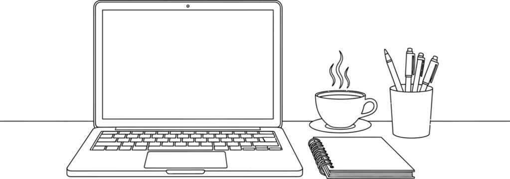 Minimalist black and white line art drawing depicts a modern laptop computer beside a steaming cup of coffee and essential writing tools.