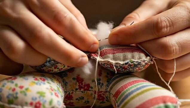 Close-up of hands sewing and stuffing a colorful patchwork doll, showcasing the intricate process of handmade crafts and textile artistry.
