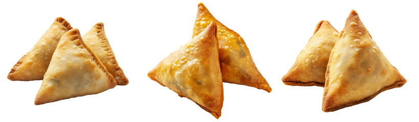 Golden brown crispy samosas isolated on white transparent background, traditional Indian snack concept