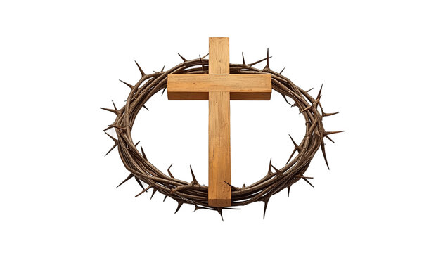A wooden cross surrounded by a crown of thorns on transparent background