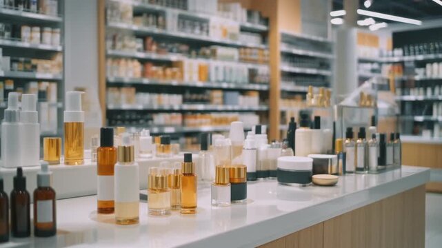 Modern retail display of premium cosmetic bottles, serums, oils, and fragrances on a white counter in a high-end beauty store setting.