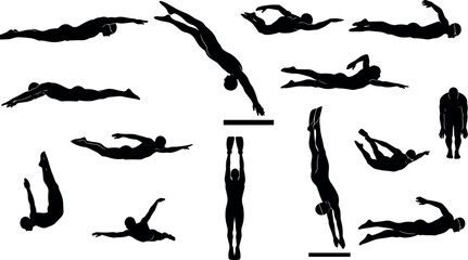 Black Silhouette Collection of Professional Swimmers and Divers Performing Various Aquatic Strokes and Competition Diving Poses Isolated on White Background