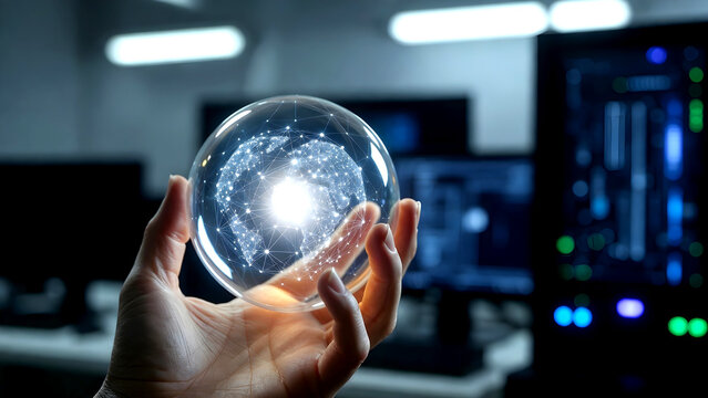 Hand Holding Glowing Crystal Ball with Digital Global Network Connections in Futuristic Server Room Data Center. - Powered by Adobe