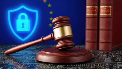 Legal Gavel on Computer Circuit Board with European Union Flag and Digital Lock Icon for GDPR Data Protection Concept