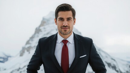 Confident businessman standing in front of snowy mountain peak wearing suit and red tie determined facial expression professional attire winter background
