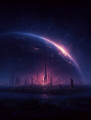 Futuristic Sci-Fi City on Alien Planet with Massive Glowing Moon and Cosmic Nebula Background