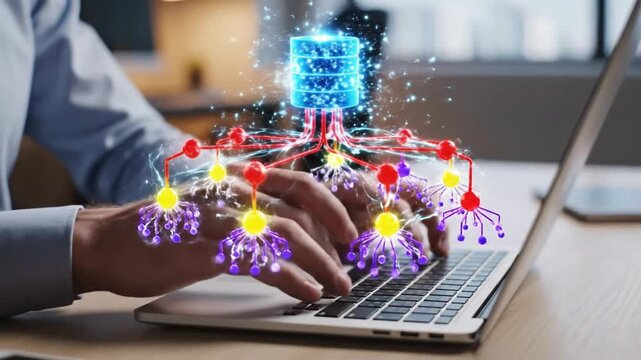 Person typing on laptop with futuristic data visualization